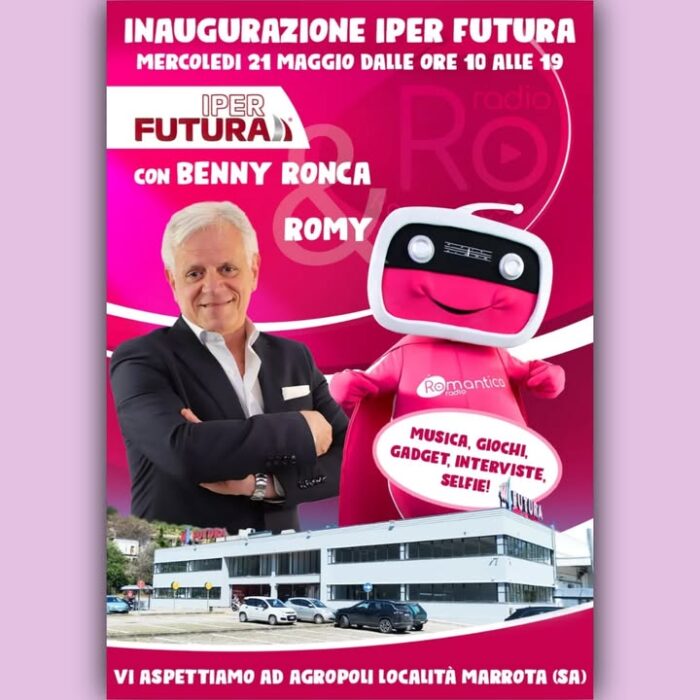 Cari romantici, Benny e Romy vi aspettano mercoledì prossimo dalle 10 alle 19 ad Agropoli (Sa) per la grande inaugurazione di Iper Futura. 
Musica, giochi, gadget, interviste, selfie.
State con noi! 
Romantica e Iper Futura vi aspettano 

@bennyronca #insieme #romy IperFutura